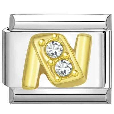 Abbildung von Quiges 9mm Italian Style Charm Modell Edelstahl Alphabet Buchstaben N für Italien Armbänder