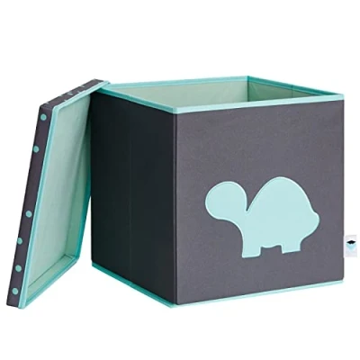 Abbildung von LOVE IT STORE Aufbewahrungsbox mit Deckel Kallax Boxen aus Stoff Verstärkt Holz Quadratisch, stabil Grau türkiser Schildkröte 33x33x33 cm