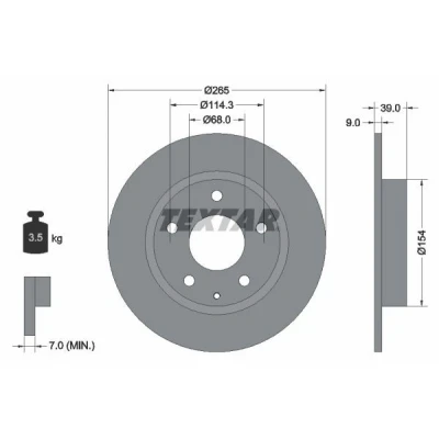 Abbildung von TEXTAR PRO 92267703 Bremsscheibe 265 9 05/06 114,3 voll beschichtet ohne Radlager, Radbefestigungsbolzen, Radnabe MAZDA: 3 Hatchback, CX