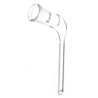 Abbildung von stonylab Glas 105 Grad Winkel Destillations Adapter, Gebogener Adapter aus Borosilikatglas mit 24/40 Außengelenk und 100mm Konischem Tropfrohr für die Laborversorgung