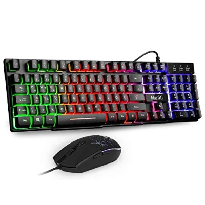 Abbildung von Mafiti Tastatur und Maus Set, Kabelgebundenes, LED Hintergrundbeleuchtung QWERTZ (DE Layout), Regenbogen Farben Beleuchtetung für Gaming Büro