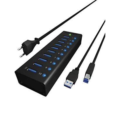 Abbildung von ICY BOX IB AC6110 10 fach USB 3.0 Hub mit Netzteil (12V/4A), Ladeport, Voll Aluminium, Klettbefestigung, Schwarz