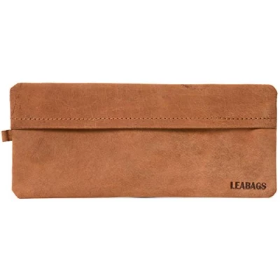 Abbildung von LEABAGS Leder Federmäppchen I Geräumiges Echtleder Federmappe Federtasche für Beruf Uni Schule Schlampermäppchen Stiftetui Stiftmappe Ledermäppchen Größe L Nature Mittelbraun