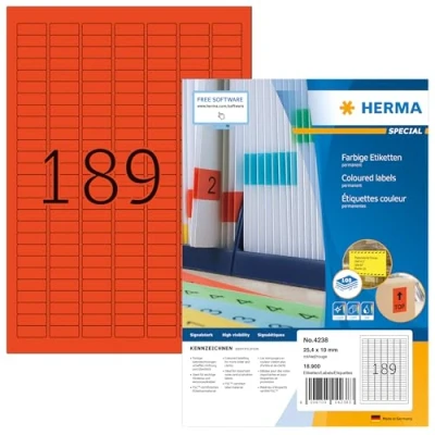 Abbildung von HERMA 4238 Farbige Etiketten rot, 100 Blatt, 25,4 x 10 mm, 189 pro A4 Bogen, 18900 Stück, selbstklebend, bedruckbar, matt, blanko Papier Farbetiketten Aufkleber