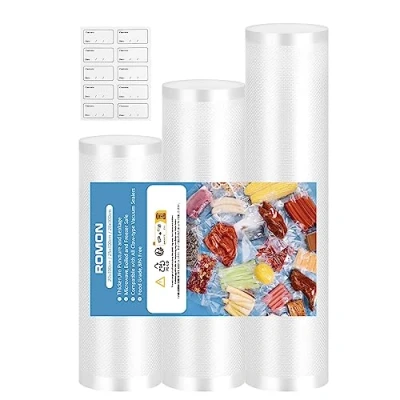 Abbildung von Romon Vakuumierbeutel 3 Rollen Vakuumierfolie, Vakuumbeutel Lebensmittel 28/25/20x300cm, Mit 20 Etikettenaufklebern, Vakuumrollen für alle Vakuumierer, BPA Frei