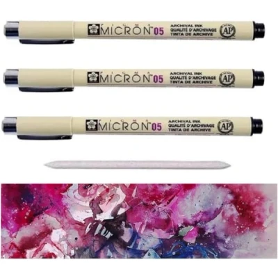 Abbildung von PIGMA MICRON Sakura Fineliner Nr.05 (0.45mm) Schwarz, 3 Stück UND 1 ESTOMPE