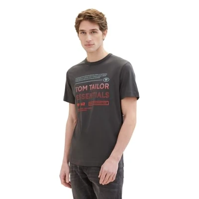 Abbildung von TOM TAILOR Herren Basic Crewneck T Shrt mit Logo Print aus Baumwolle, 10899 Tarmac Grey, M
