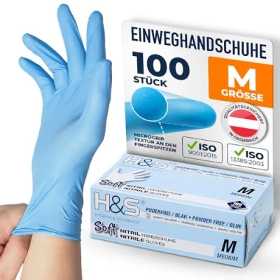 Abbildung von ISC Hygiene &amp; Safety Nitrilhandschuhe M, Einweghandschuhe, Einmalhandschuhe, Kochhandschuhe Lebensmittel 100 Stück Größe 8 Medium blau puderfrei non latex latexfrei Gummihandschuhe Einweg