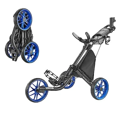 Abbildung von CaddyTek EZ Tour Quickfold Deluxe 3 Rad Golftrolley Golfcaddy komplett mit Kühltasche Modell 2020 (schwarz blau)