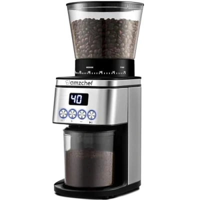 Abbildung von AMZCHEF Kaffeemühle Elektrisch Individuelles Schleifvolumen und 30Mahlgrad Einstellbar Elektrische mit 300g großem Trichter Antistatisch Leise Kegelmahlwerk LCD