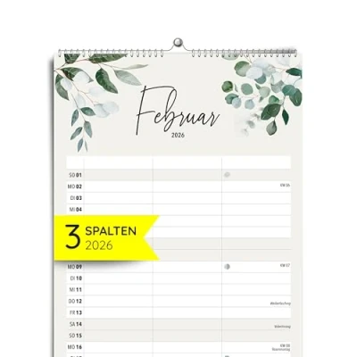 Abbildung von heaven+paper Paarplaner 3 Spalten Greenery Eukalyptus Kalender für zwei 2026 mit Feiertagen, Schulferien, Mond Wandkalender Familienkalender (42x21cm) (Greenery, Spalten)
