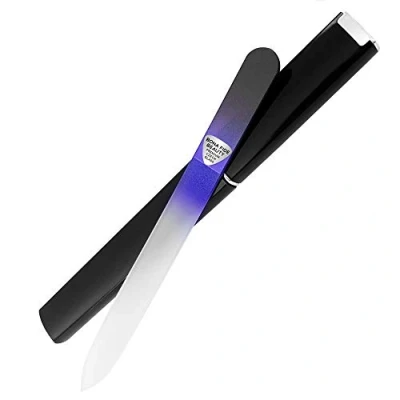Abbildung von Bona Fide Beauty Tschechische Glasnagelfeile mit Etui, 1 Stück Kristallnagelfeile für Naturnägel (Schwarz Blau). Hergestellt in der EU