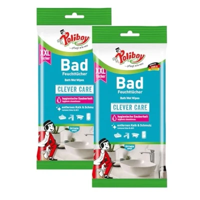Abbildung von POLIBOY XXL Bad Feuchttücher Feuchte Reinigungstücher als praktischer Badreiniger 2x 24 Tücher Mit Produktprobe Made in Germany