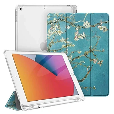 Abbildung von Fintie Hülle für iPad 9. Generation 2021/8. Gen 2020/7. 2019 10.2 Zoll mit Stifthalter, ultradünne leichte Schutzhülle transparenter Rückseite und Auto Schlaf/Wach Funktion, Mandelblüten