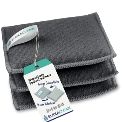 Abbildung von ELEXACLEAN Spülschwamm Topfreiniger Schwämme (3er Set, 10x8 cm, Dunkel Grau) waschbar zum wiederverwenden, mit Mikrofaser