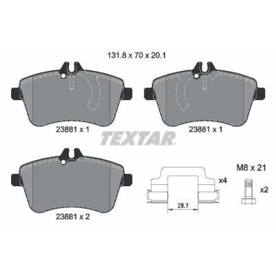 Abbildung von TEXTAR 2388101 Bremsbelagsatz für Verschleißwarnanzeiger vorbereitet mit Bremssattelschrauben Zubehör MERCEDES BENZ: B Class, A Class