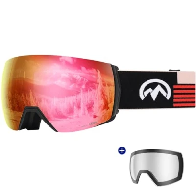 Abbildung von OutdoorMaster Ultra Ski Goggles Lens by ZEISS, OTG Snowboard Anti Fog Wide View, Magnetic Interchangeable Lens, Snow für Männer &amp; Frauen(Ruby Red Vlt 41% + Clear Lens)