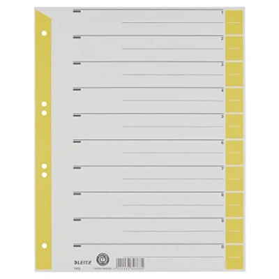 Abbildung von Leitz Register für A4, Deckblatt und 10 Trennblätter, Taben individuell zuschneidbar, 25 Stück, Überbreite, Grau/Gelb, 100% Recyclingkarton, 165230150