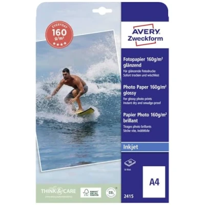 Abbildung von Avery Zweckform Art. 2415 Everyday Inkjet Fotopapier (50 Blatt, 160 g/m², DIN A4, glänzende Fotokarten, einseitig beschichtet, sofort trocken &amp; wischfest, Fotoblätter für Drucker) weiß