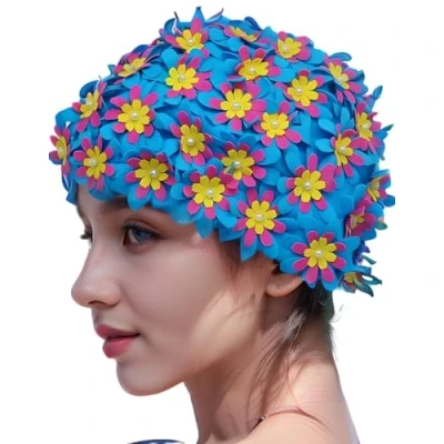 Abbildung von Medifier Badekappe mit Blumenmuster, Retro Stil, für Damen, blau