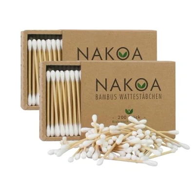 Abbildung von NAKOA Wattestäbchen aus Bambus und Baumwolle, 2er Pack (400 Stück) nachhaltig &amp; umweltfreundlich