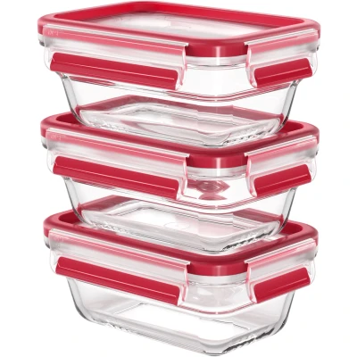 Abbildung von Emsa N10511 Clip &amp; Close Glas Frischhaltedosen Set 3 teilig x 0,45 L stapelbar gefrierfest backofenfest mikrowellenfest 100% dicht spülmaschinenfest Transparent/Rot