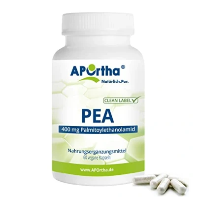 Abbildung von APOrtha® PEA Palmitoylethanolamid, 60 vegane Kapseln, mit 400 mg Palmitoylethanolamid pro Kapsel Tagesverzehr, natürlicher Füllstoff: Quinoapulver, vegan, glutenfrei, laktosefrei, allergenfrei