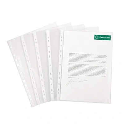 Abbildung von Exacompta Ref. 5900E 1 Packung mit 100 perforierten Taschen glattes, hochfestes Polypropylen 9/100. Dicke universelle 11 Loch Perforationen A4 Ablageformat farblos