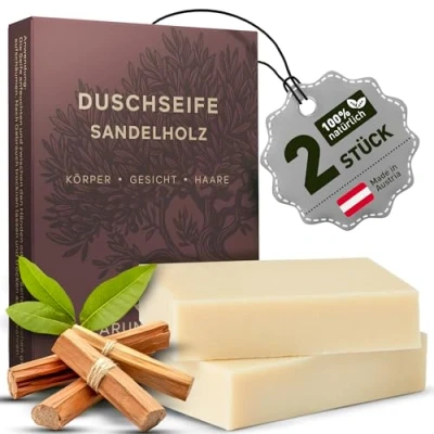 Abbildung von larum sports feste Duschseife Männer Sandelholz, festes Duschgel, Seife für Haare, Körper, Gesicht, Shampoo Männer, Herren Naturseife 2x Bio Stück à 85g