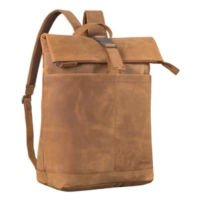 Abbildung von STILORD &#039;Hudson&#039; Vintage Rolltop Rucksack Leder mit Laptopfach 13,3 Zoll, Fahrradrucksack Kurierrucksack für Damen und Herren, Farbe:tan dunkelbraun