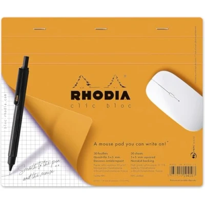 Abbildung von Rhodia 19410C Mousepadblöcken Clic Bloc, 19x23 cm, 30 Blatt mikroperforiert, kariert, Clairefontaine Papier weiß 80g, Anti Rutsch Funktion, Cover Orange, 1 Stück