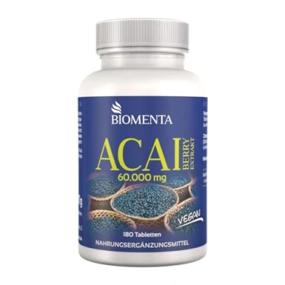 Abbildung von BIOMENTA Acai Beeren 60.000 mg 180 Tabletten mit hochwertigen 30:1 Extrakt vegan Premiumqualität