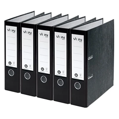 Abbildung von VON Leitz 5er Pack Ordner A4, 100 % Recycling Karton, Für 600 Blatt, 80 mm Rückenbreite, Klassisch marmoriert, Blauer Engel &amp; FSC zertifiziert, Schule, Studium Zuhause, Schwarz, 10531095