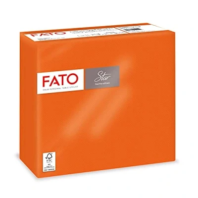 Abbildung von Fato Einwegpapierservietten, Weichheit und Sanftheit, Packung mit 40 Servietten, Größe 38x38 gefaltet in 4, 2 lagig, Farbe Orange, 100% reines Zellulosepapier, FSC zertifiziert