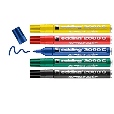 Abbildung von edding 2000 C Permanentmarker rot, blau, gün, gelb, schwarz 5er Set Rund Spitze 1,5 3 mm schnell trocknend, wasserfest, wischfest für Karton, Kunststoff, Holz, Metall Universalmarker