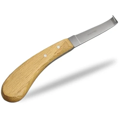 Abbildung von Hufmesser für Pferde Rechtshänder Klauenmesser in Profiqualität mit Ergonomischem Holzgriff Sehr scharfe breite Klinge gebogenen Haken Hufschmied Werkzeug Rostfreier gehärteter Spezialstahl