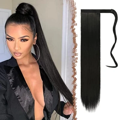Abbildung von FESHFEN Lang Glattes Pferdeschwanz Haarteil Synthetik Haarverlängerung Zopf Haar Extension für Damen Mädchen, Schwarz 60 cm