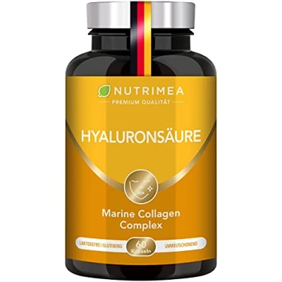 Abbildung von Hyaluronsäure Kollagen Komplex Premium Hyaluron Angereichert mit Vitamin C + A 60 Kapseln Hochdosiert Für glatte Haut, Anti Aging &amp; Gelenke