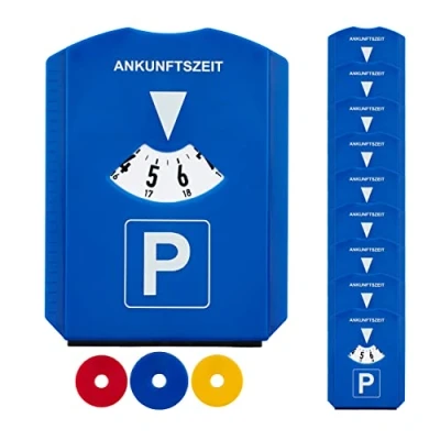 Abbildung von Relaxdays Parkscheibe 10er Pack, Eiskratzer, 3 Einkaufswagenchips, Gummilippe, Parkuhr Auto, StVO, Kunststoff, blau