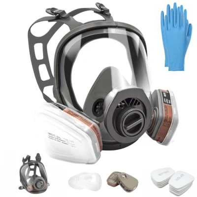 Abbildung von Vollmaske Atemschutzmaske Wiederverwendbar, Gasmaske Vollgesichtsmaske, industrische Staubschutzmaske mit 10 Filtrierbare Wattepads, 5 Paar Handschuhen für organische Dämpfe Staub Schweißen Schleifen
