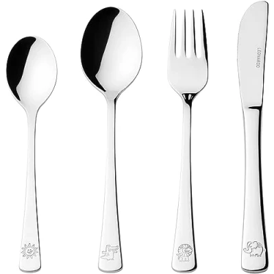 Abbildung von LEONARDO Bambini Avventura Kinder Besteck Set 4 teilig Mit Motiven aus hochwertigem Edelstahl Spülmaschinengeeignet Tier Löwe, Elefant, Krokodil, Sonne Gravierbar, 070798