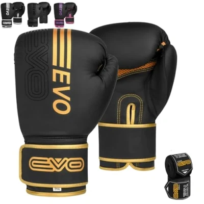 Abbildung von EVO Fitness Boxhandschuhe für Herren, Matt, Schwarz, MMA, Muay Thai, Kampfsport, Kickboxen, Sparring, Training, Kampfhandschuhe mit Handbandagen (Golden, 14 OZ)