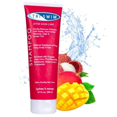 Abbildung von TRISWIM Shampoo zur Chlorentfernung Pflege nach dem Schwimmen Feuchtigkeitsspendendes Veganes Anti Chlor for Schwimmer Litschi Mango (250ml)