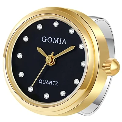 Abbildung von JewelryWe Ringuhr Fingeruhr Damen Herren Analog Quarz Edelstahl Verstellbar Ring Uhr Fingerringuhr Uhrenring mit Schwarz Strass Rundem Zifferblatt Gold