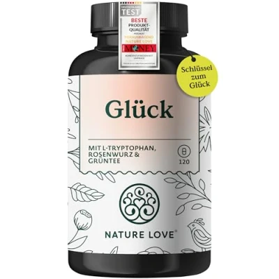 Abbildung von NATURE LOVE® Glück mit Rhodiola Rosea Extrakt, L Tryptophan, Rosenwurz und Grünteeextrakt 120 Kapseln u.a. Vitamin B6 für deine Psyche* B Vitaminen Folsäure
