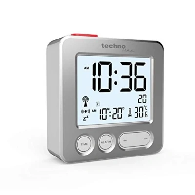 Abbildung von Technoline WT265 handlich und überzeugend moderner Funkwecker mit gebürsteter Echtmetall Front, silber, Touch Aktivierung für Beleuchtung/Snooze, Datum, Innentemperatur, 66 x 21 mm