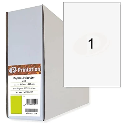Abbildung von Printation 210 x 297 mm Universal Etiketten selbstklebend A4 weiß bedruckbar 500 DIN Bogen Bigpack à 1x1 210x297 Klebepapier 3478 6119 4631 Klebeetiketten/Haftetiketten
