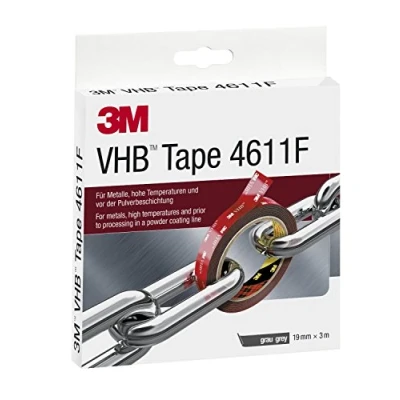 Abbildung von 3M VHB 4611 Montage Klebeband doppelseitig hohe Temperaturbeständigkeit, Verbindung von Aluminium, Edelstahl, verzinktem Stahl, Polycarbonat, ABS 19mm x 3m, Grau, Dicke: 1.1mm (1 er Pack)