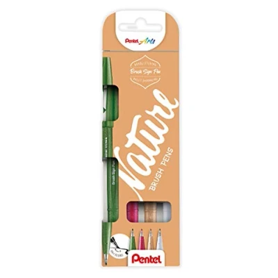 Abbildung von Pentel SES15N 4 Brush Sign Pen Nature Colors Set, Faserschreiber, pinselähnliche Spitze, Stück, farblich sortiert, olivgrün, hellbraun, hellgrau, burgunderrot