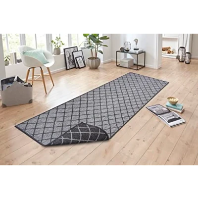 Abbildung von NORTHRUGS in und Outdoor Teppich Malaga 80x250cm Wendeteppich Wetterfest Modernes Geometrisches Muster für Balkon Terrasse Garten Wintergarten Küche Wohnzimmerteppich Wasserfest Night Silver